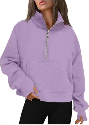 SMIDOW Womens Half Zip Cropped Hoodies Oversized Fleece Quarter Zip Pullover Tops Fall Winter Clothes 2023 Outfits Sweatshirt