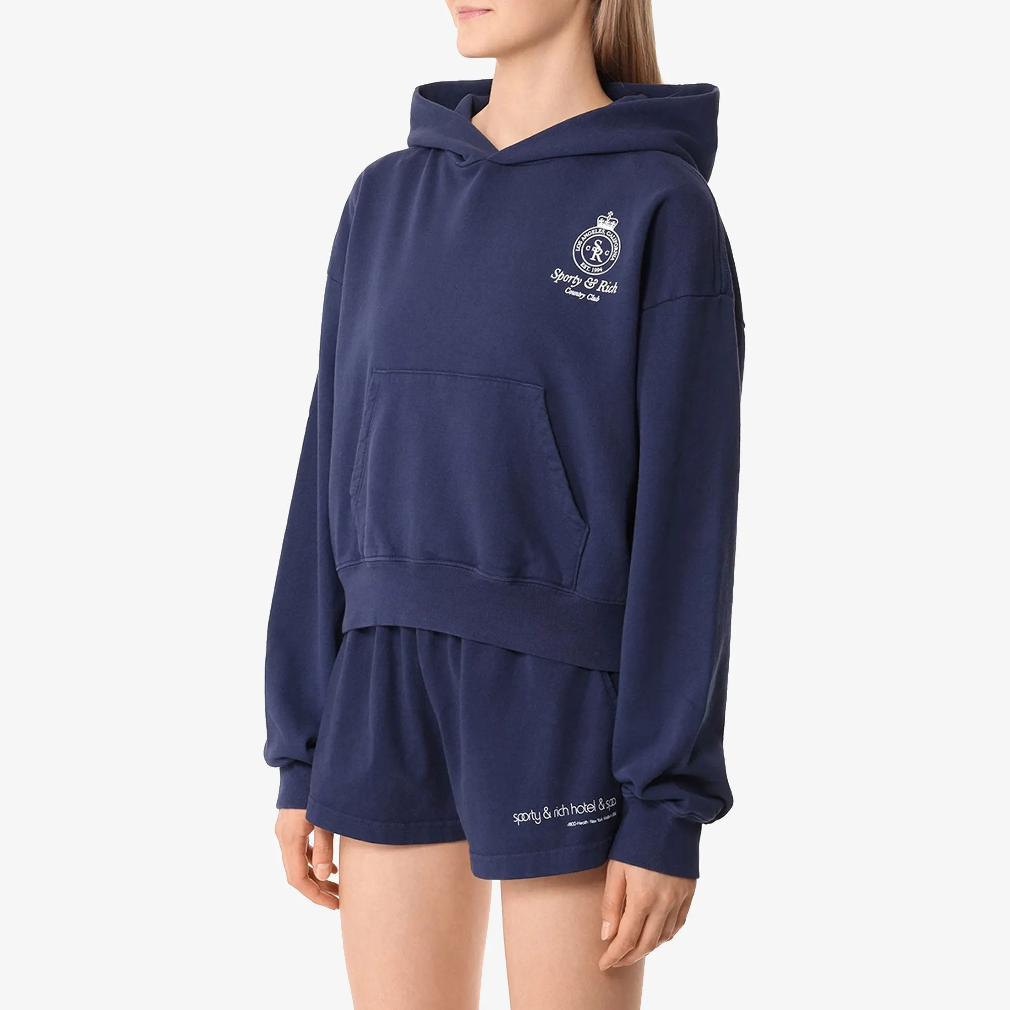SPORTY & RICH | WMN'S CROWN LOGO CROPPED HOODIE { NAVY/WHITE