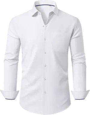 Stretch Dress Shirt Mens Long Sleeve Business Button Down Shirts for Men Flex Fitted Wedding Cotton Wrinkle Free