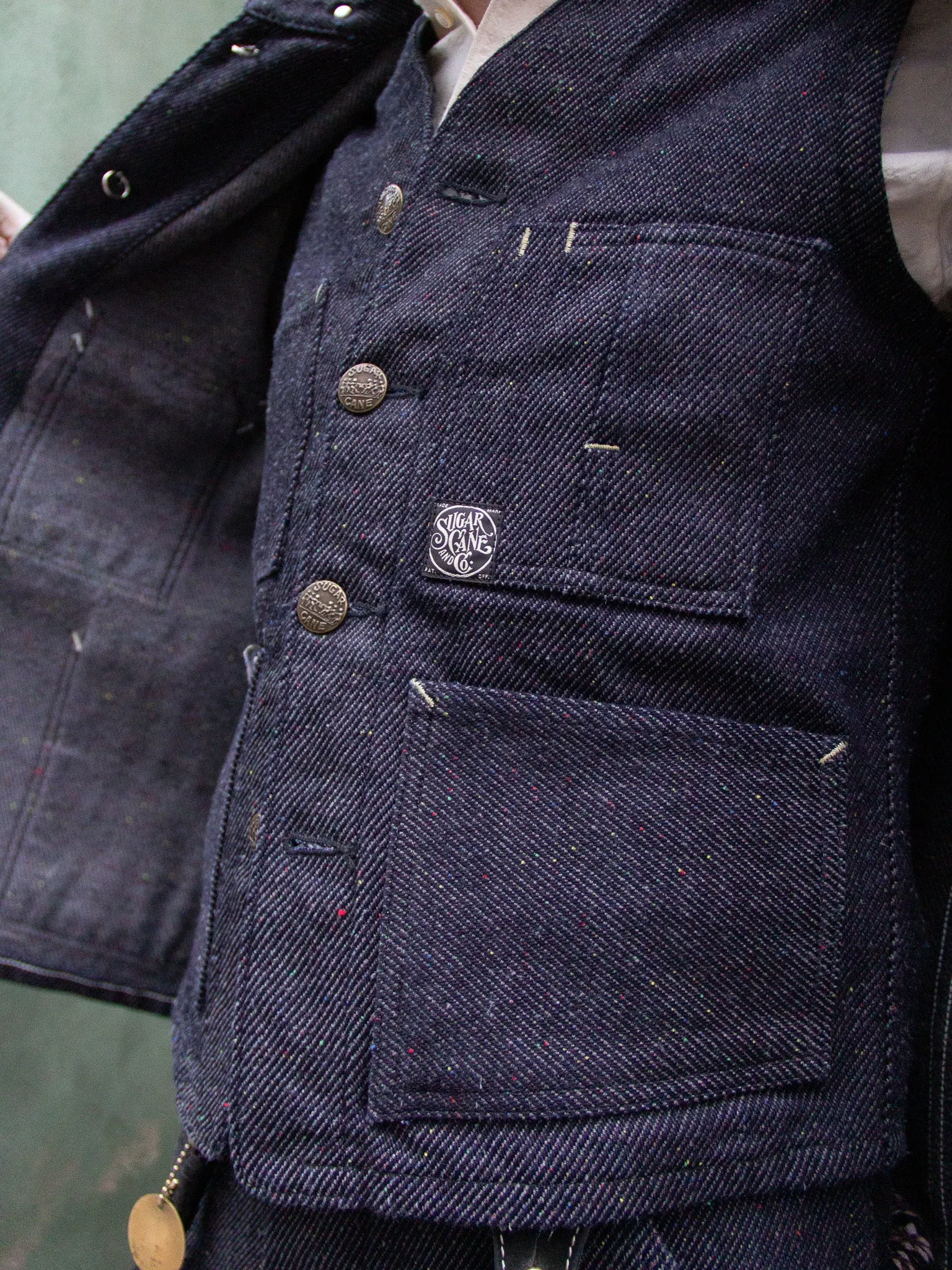 Sugar Cane, Fiction Romance 13.7oz. Indigo Nep Denim Work Vest SC15446