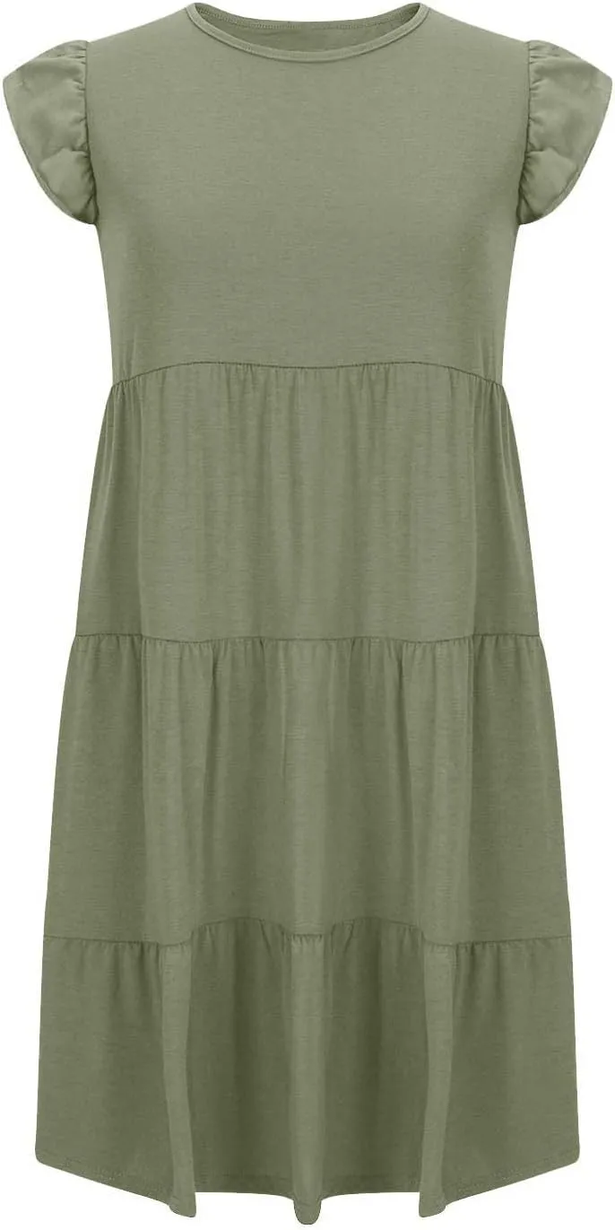 Summer Dresses Flutter Short Sleeve Crew Neck Casual Dresses for Women Flowy Ruffle Tiered Beach Vacation Dress