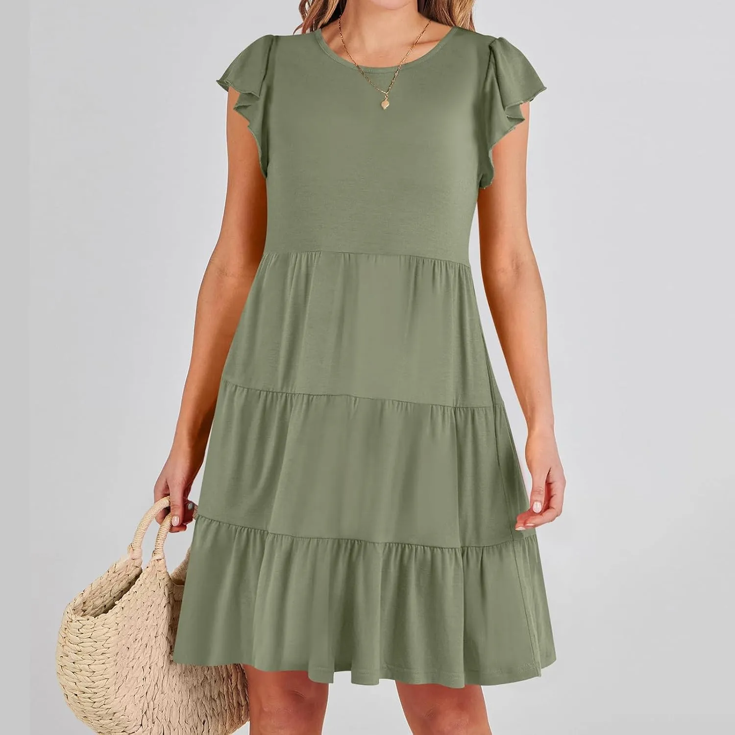 Summer Dresses Flutter Short Sleeve Crew Neck Casual Dresses for Women Flowy Ruffle Tiered Beach Vacation Dress