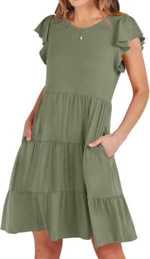 Summer Dresses Flutter Short Sleeve Crew Neck Casual Dresses for Women Flowy Ruffle Tiered Beach Vacation Dress