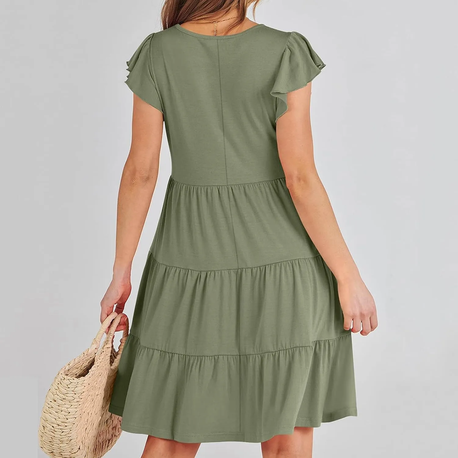Summer Dresses Flutter Short Sleeve Crew Neck Casual Dresses for Women Flowy Ruffle Tiered Beach Vacation Dress