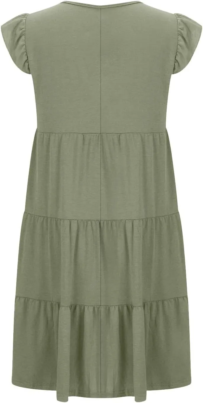 Summer Dresses Flutter Short Sleeve Crew Neck Casual Dresses for Women Flowy Ruffle Tiered Beach Vacation Dress