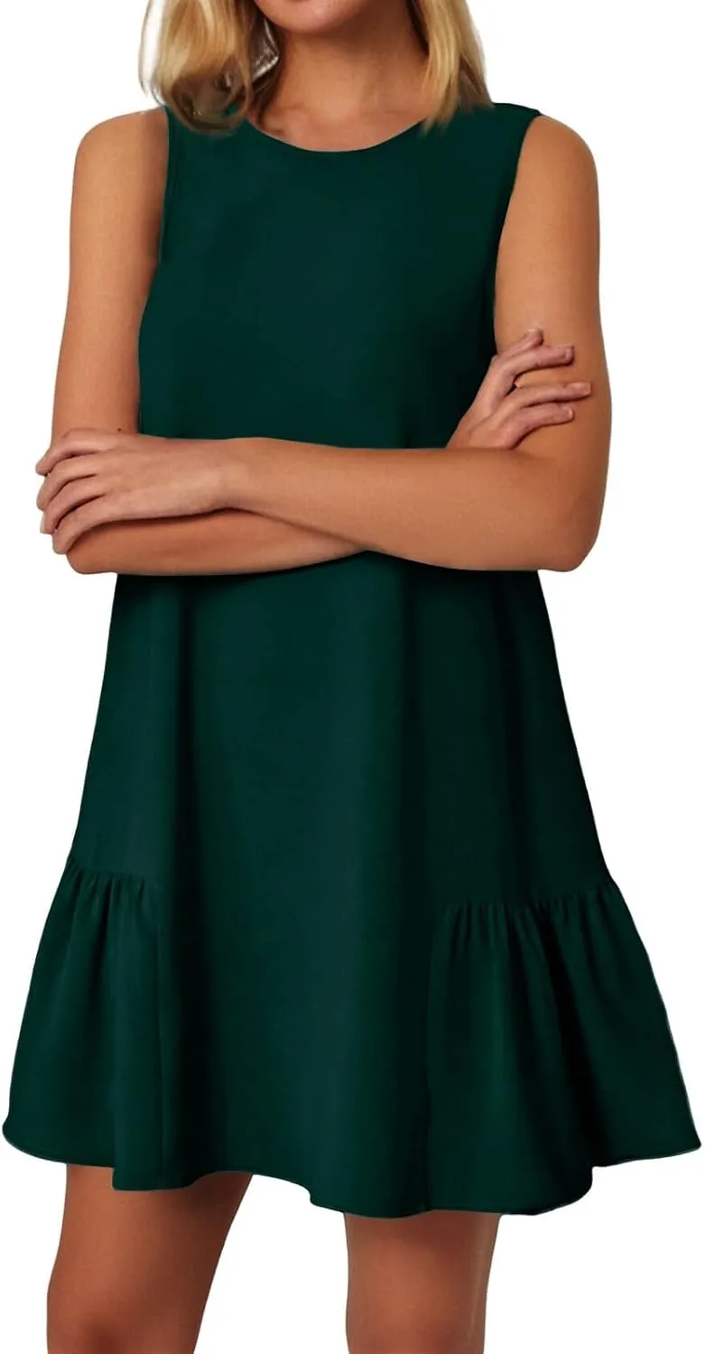 Summer Dresses for Women 2025 Casual Sleeveless Crew Neck Dress Loose Ruffle Hem Beach Mini Sundress