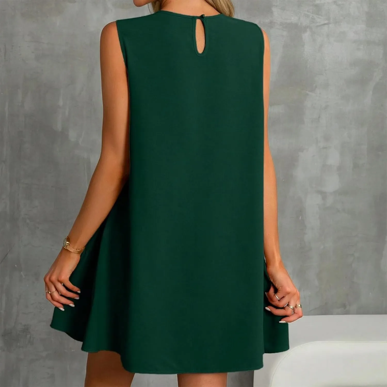 Summer Dresses for Women 2025 Casual Sleeveless Crew Neck Dress Loose Ruffle Hem Beach Mini Sundress