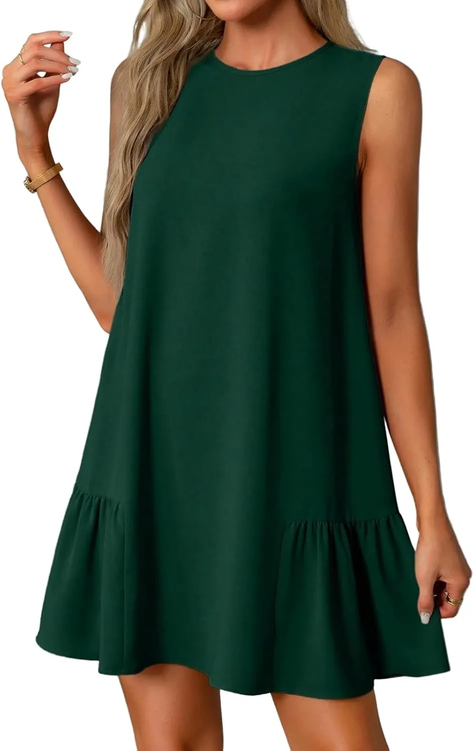 Summer Dresses for Women 2025 Casual Sleeveless Crew Neck Dress Loose Ruffle Hem Beach Mini Sundress
