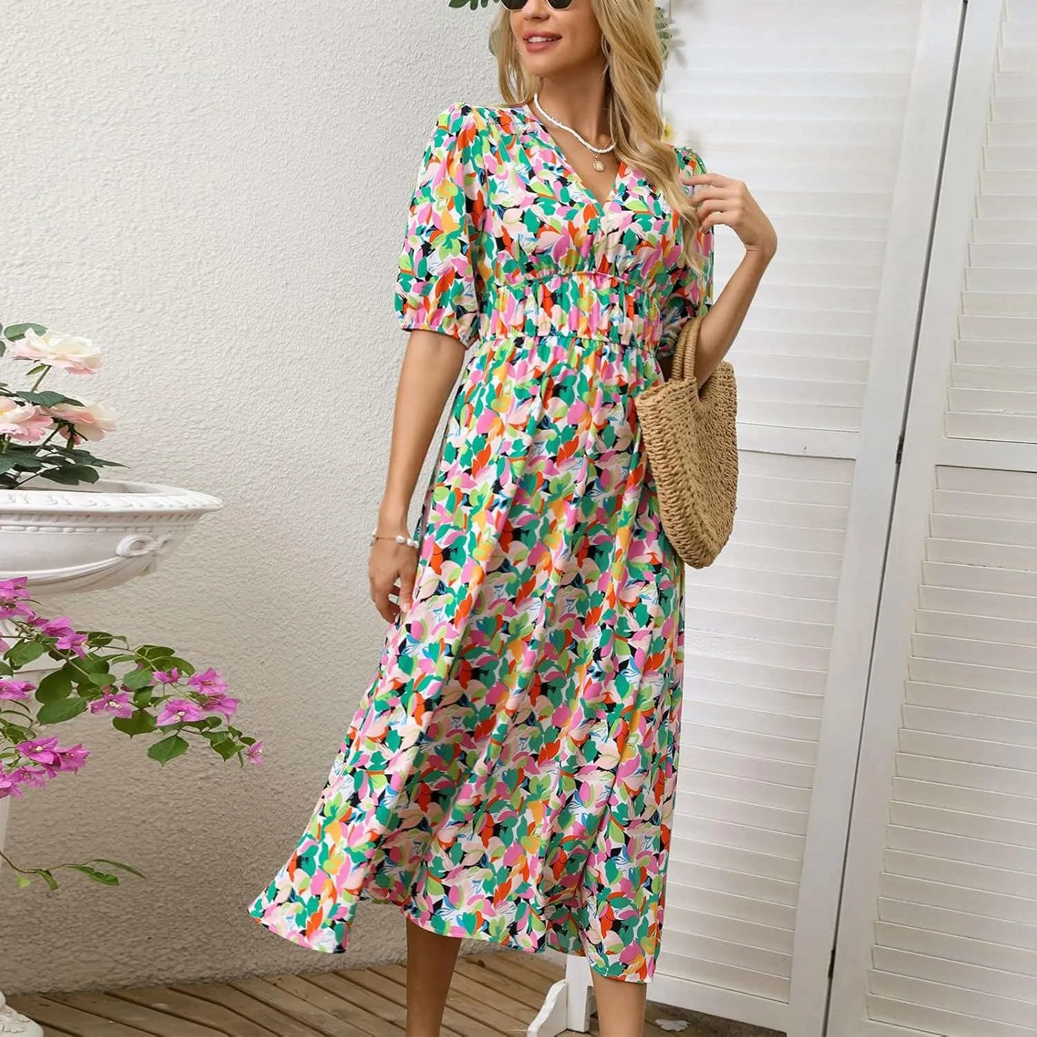 Summer Dresses for Women Elegant Boho Floral Print Beach Long Dress Trendy V Neck Short Sleeve Ruffle Maxi Sundress
