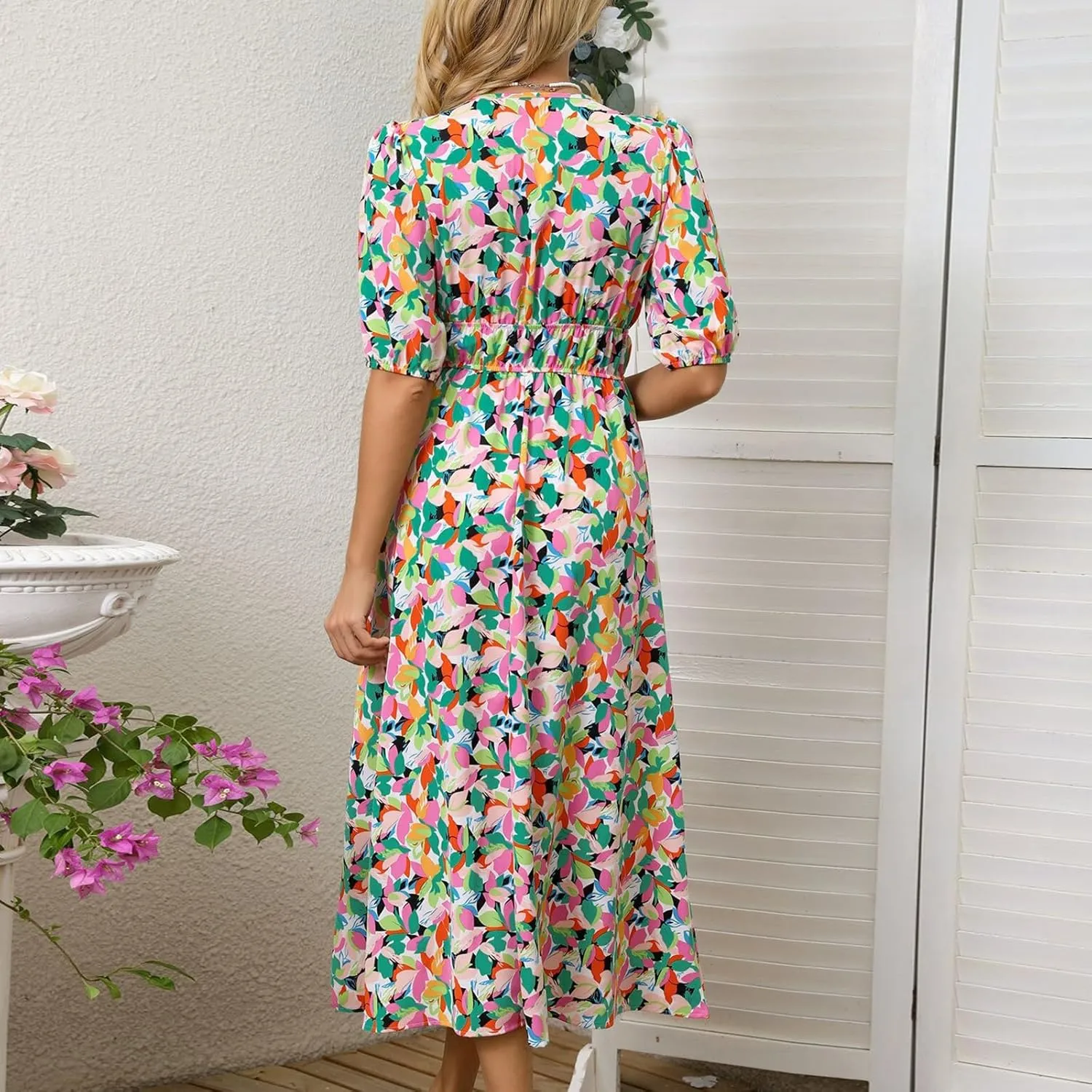 Summer Dresses for Women Elegant Boho Floral Print Beach Long Dress Trendy V Neck Short Sleeve Ruffle Maxi Sundress