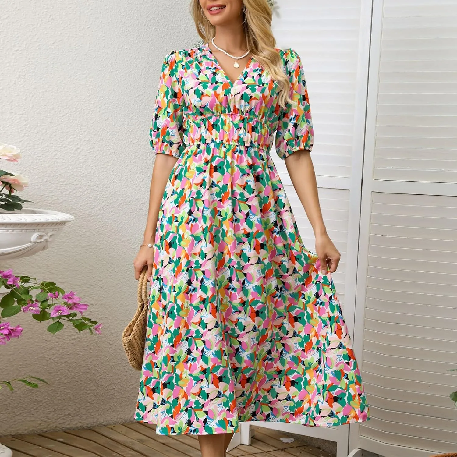 Summer Dresses for Women Elegant Boho Floral Print Beach Long Dress Trendy V Neck Short Sleeve Ruffle Maxi Sundress