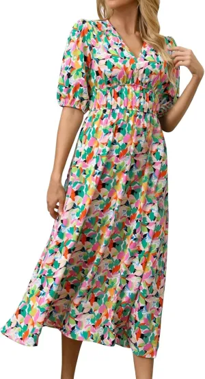 Summer Dresses for Women Elegant Boho Floral Print Beach Long Dress Trendy V Neck Short Sleeve Ruffle Maxi Sundress