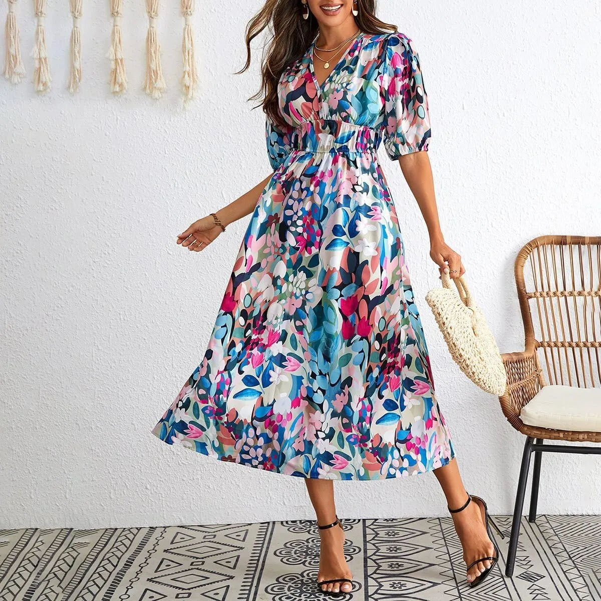 Summer Dresses for Women Elegant Boho Floral Print Beach Long Dress Trendy V Neck Short Sleeve Ruffle Maxi Sundress