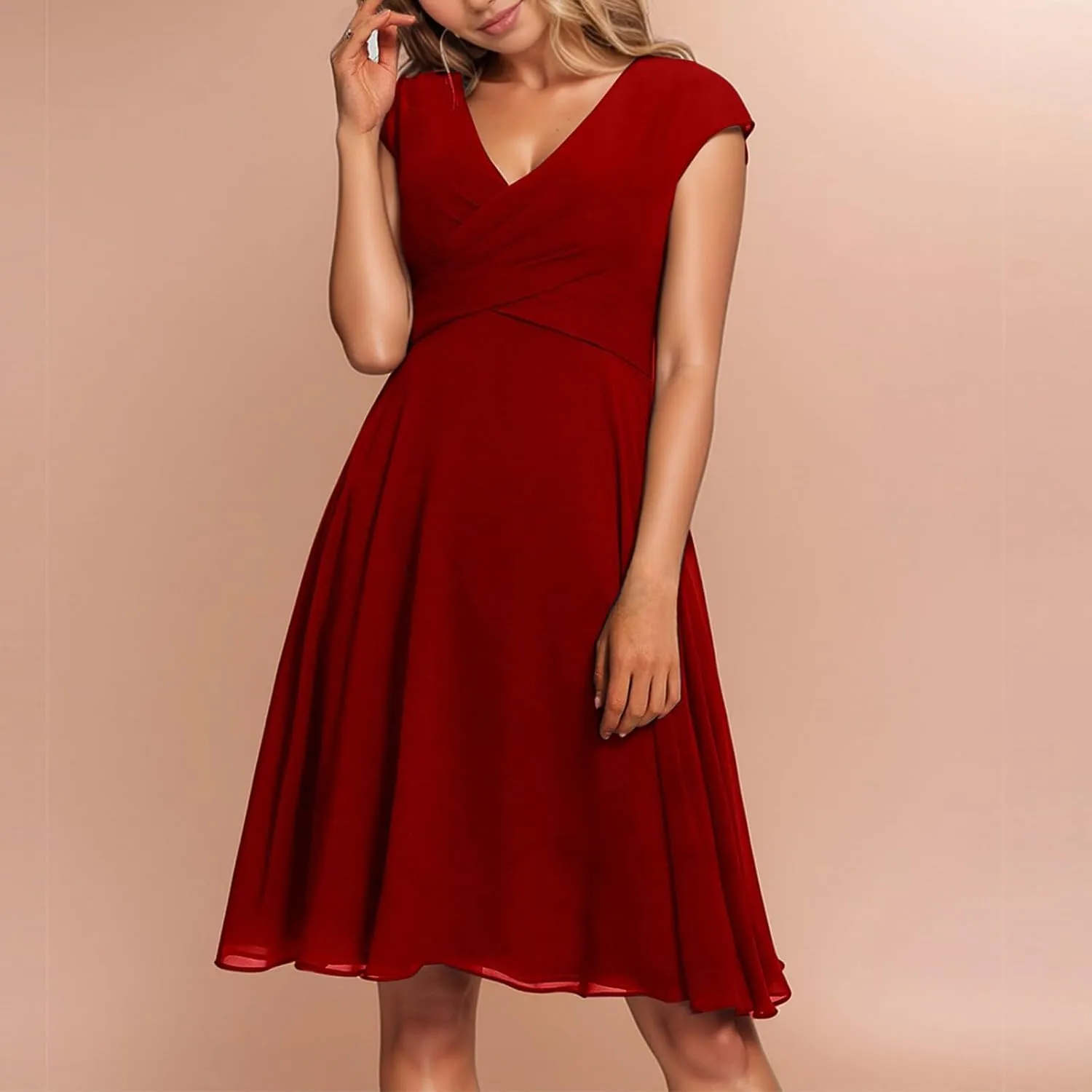 Summer Floral Chiffon Dresses for Women 2025 Midi Trendy Flowy Swing Empire Waist Cap Sleeve V Neck A Line Dress