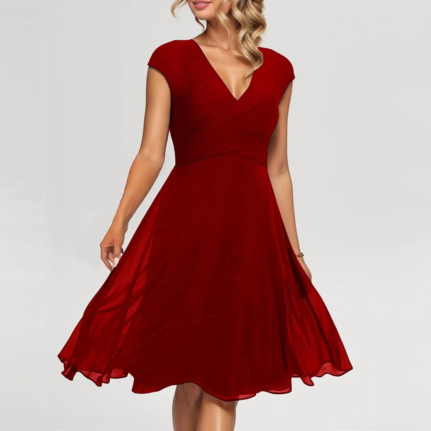 Summer Floral Chiffon Dresses for Women 2025 Midi Trendy Flowy Swing Empire Waist Cap Sleeve V Neck A Line Dress