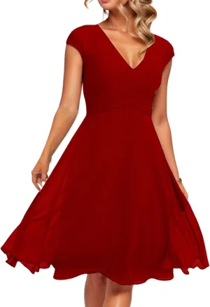 Summer Floral Chiffon Dresses for Women 2025 Midi Trendy Flowy Swing Empire Waist Cap Sleeve V Neck A Line Dress