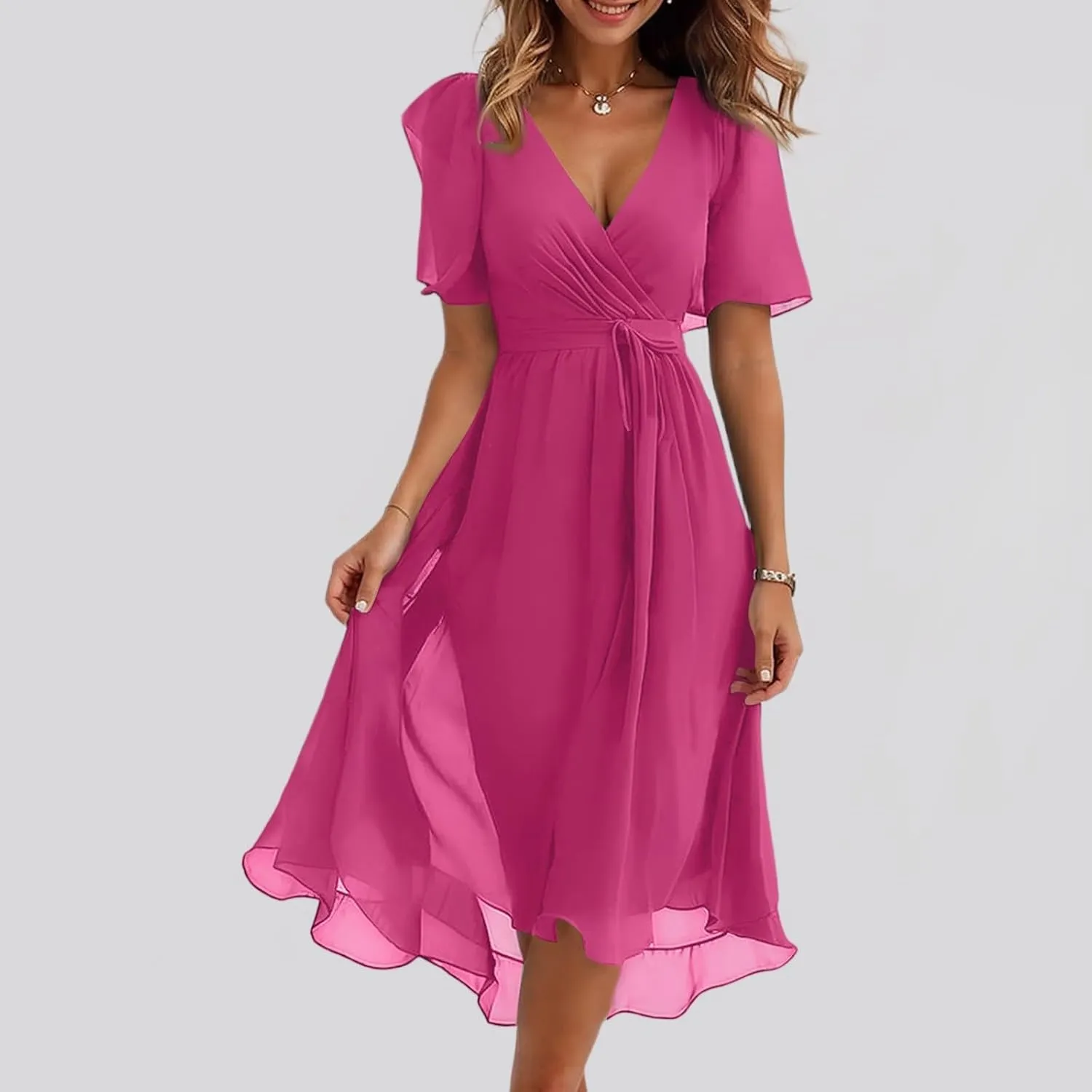 Summer Floral Chiffon Dresses for Women 2025 Midi Trendy Flowy Swing Short Sleeve V Neck Tie Elastic Waist A Line Dress