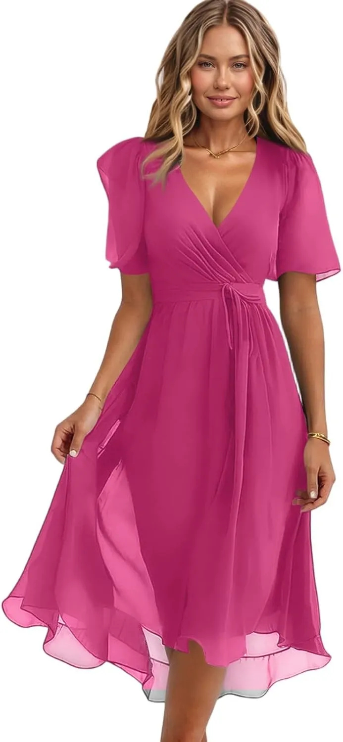 Summer Floral Chiffon Dresses for Women 2025 Midi Trendy Flowy Swing Short Sleeve V Neck Tie Elastic Waist A Line Dress