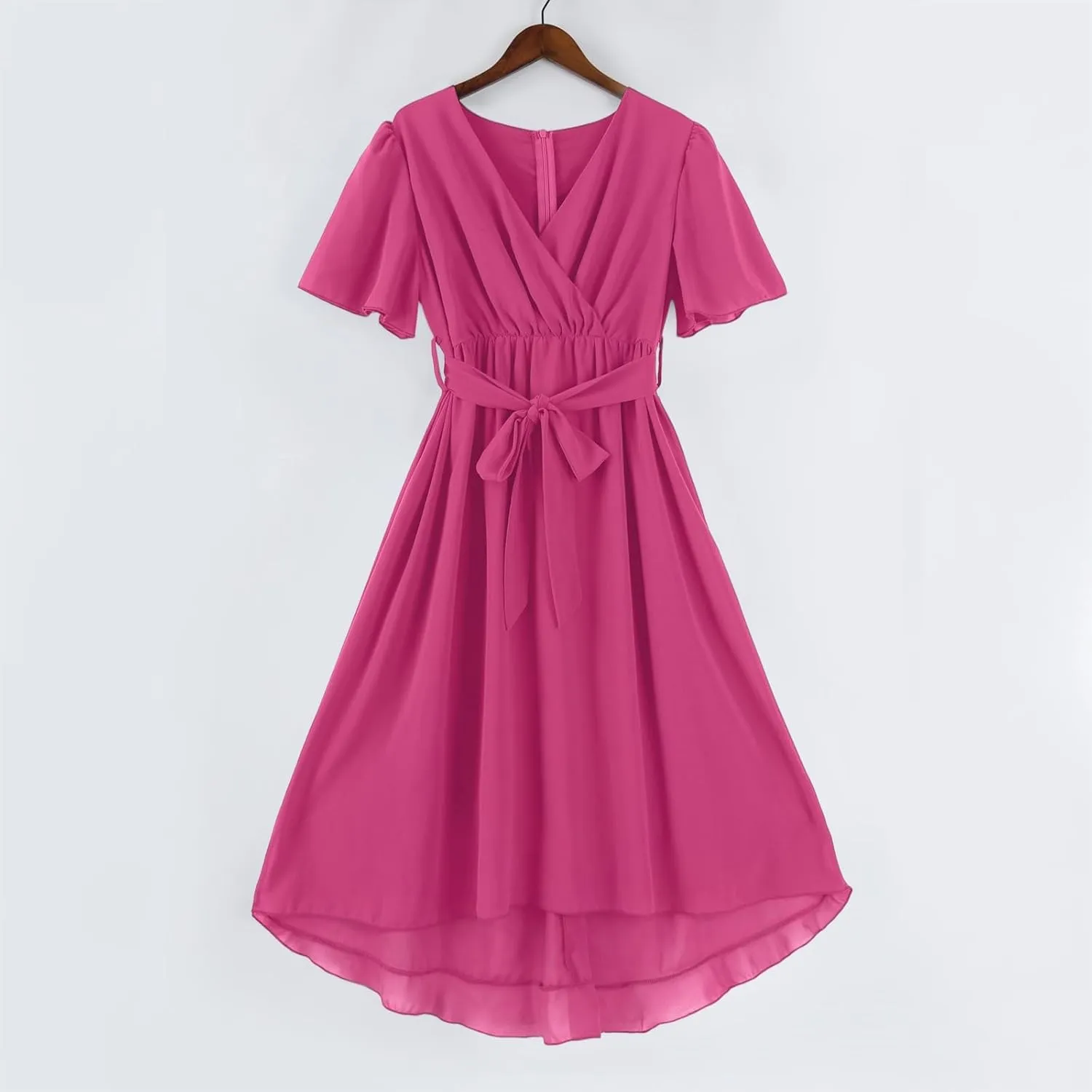 Summer Floral Chiffon Dresses for Women 2025 Midi Trendy Flowy Swing Short Sleeve V Neck Tie Elastic Waist A Line Dress