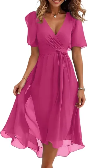 Summer Floral Chiffon Dresses for Women 2025 Midi Trendy Flowy Swing Short Sleeve V Neck Tie Elastic Waist A Line Dress