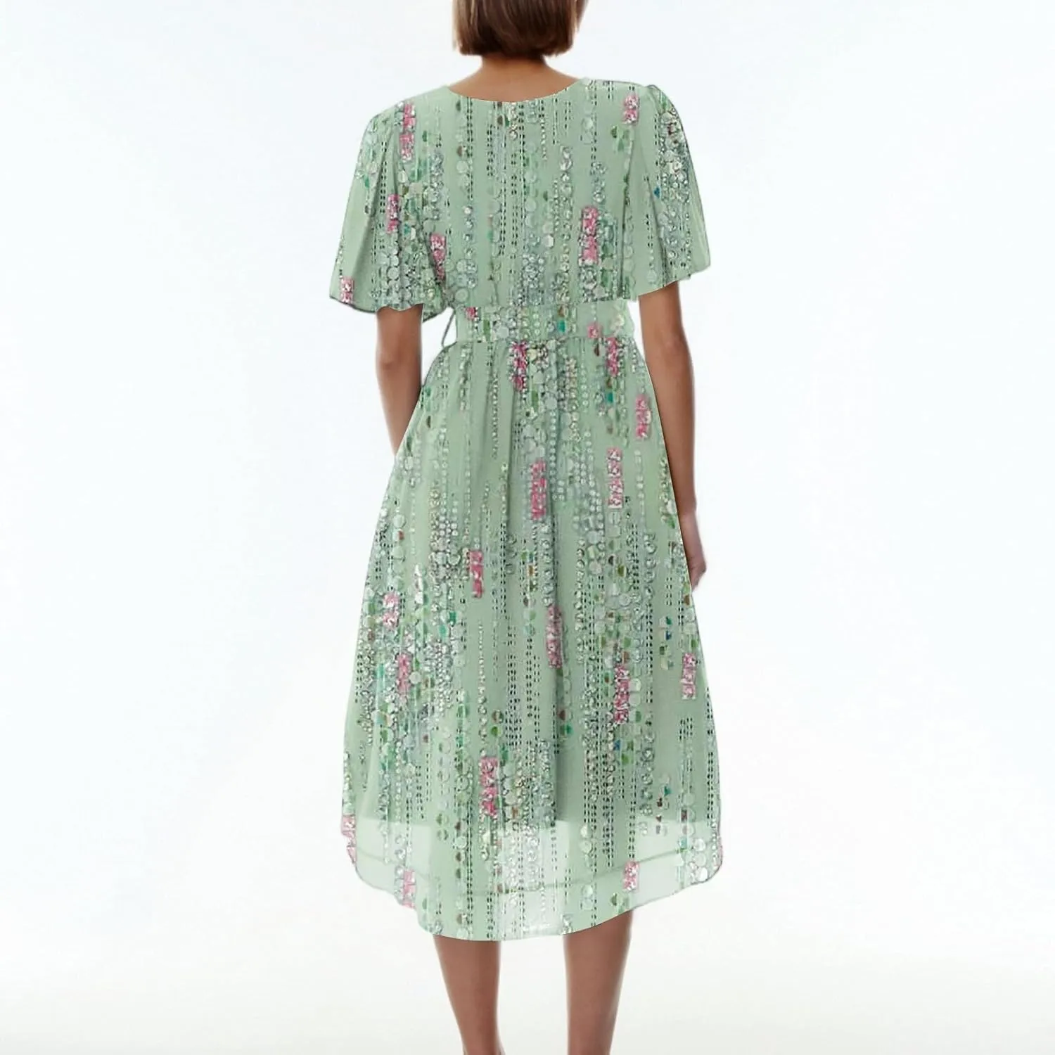Summer Floral Chiffon Dresses for Women 2025 Midi Trendy Short Sleeve V Neck Tie Elastic Waist Flowy Swing A Line Dress