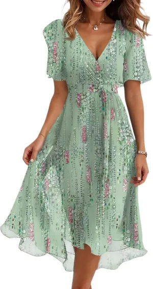 Summer Floral Chiffon Dresses for Women 2025 Midi Trendy Short Sleeve V Neck Tie Elastic Waist Flowy Swing A Line Dress