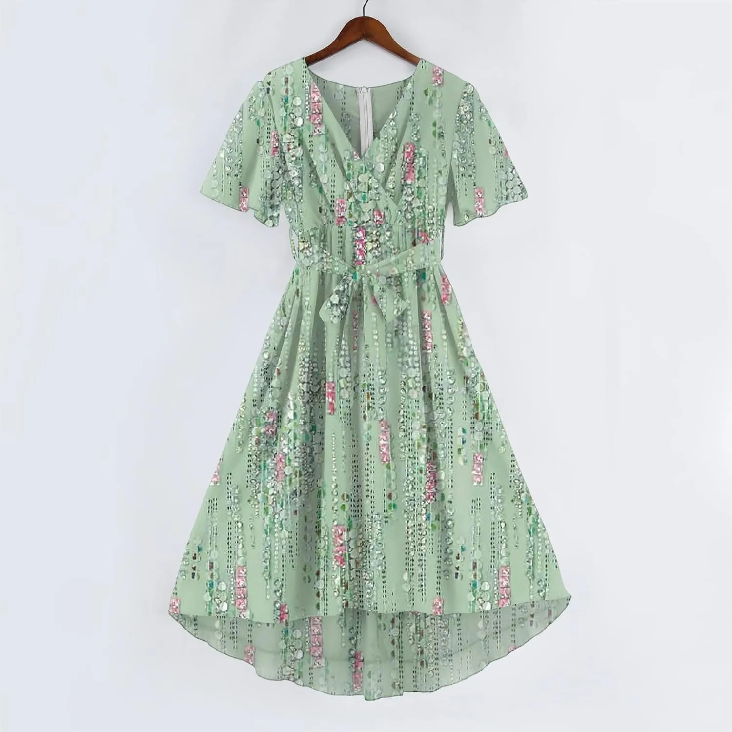 Summer Floral Chiffon Dresses for Women 2025 Midi Trendy Short Sleeve V Neck Tie Elastic Waist Flowy Swing A Line Dress