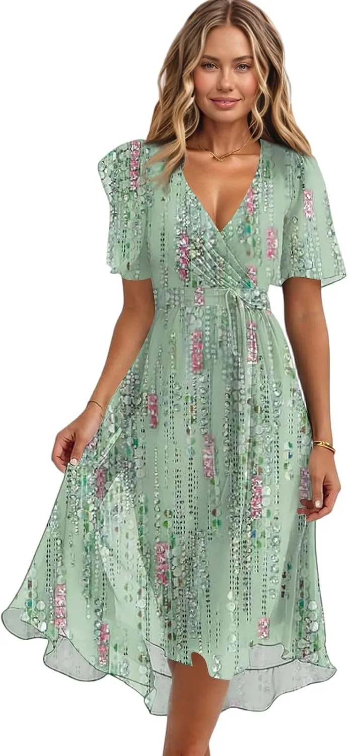 Summer Floral Chiffon Dresses for Women 2025 Midi Trendy Short Sleeve V Neck Tie Elastic Waist Flowy Swing A Line Dress