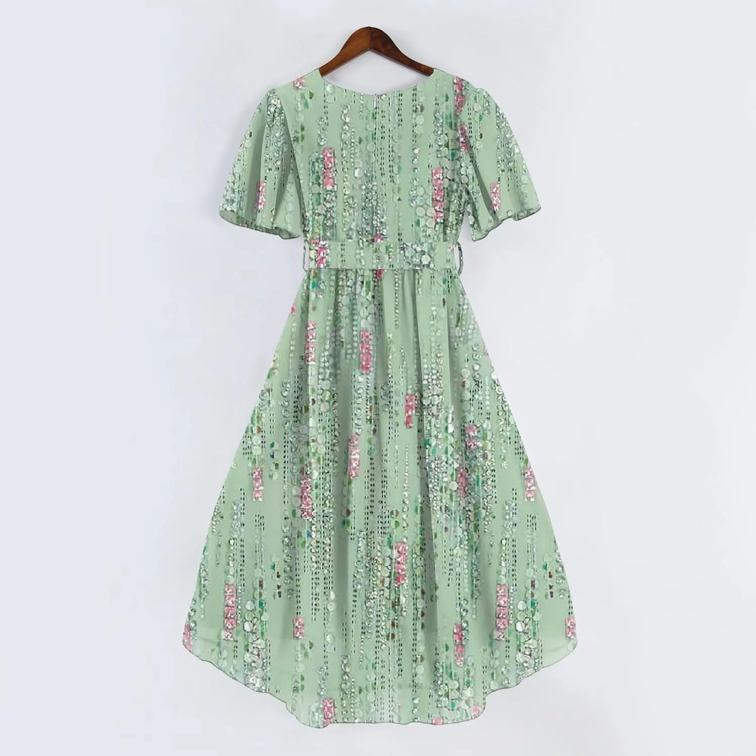 Summer Floral Chiffon Dresses for Women 2025 Midi Trendy Short Sleeve V Neck Tie Elastic Waist Flowy Swing A Line Dress