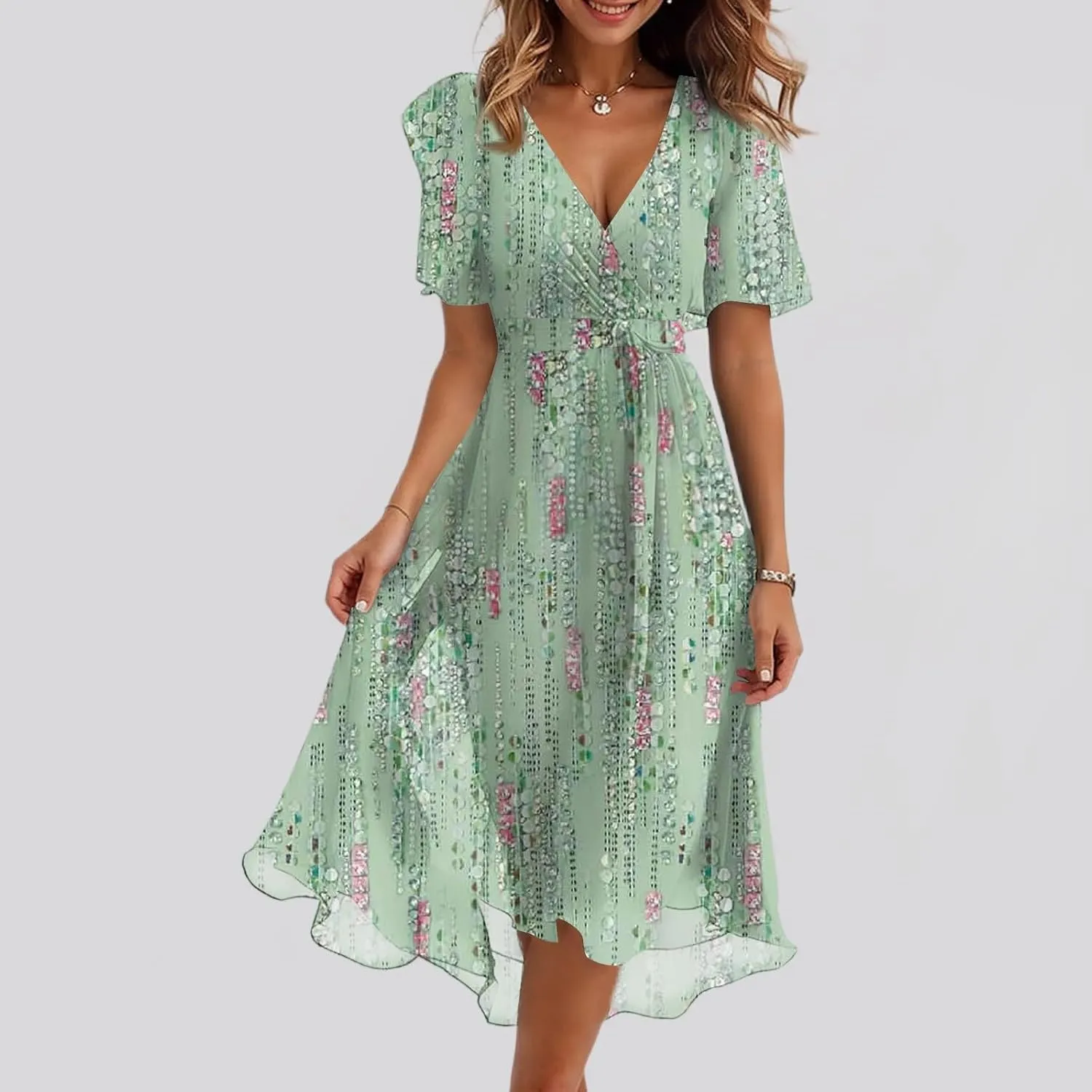 Summer Floral Chiffon Dresses for Women 2025 Midi Trendy Short Sleeve V Neck Tie Elastic Waist Flowy Swing A Line Dress
