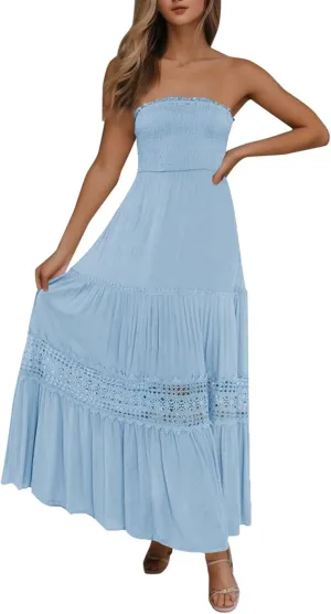 Sundresses For Women 2025 Vacation Sexy Women Summer Boho Strapless Maxi Dress Casual Sleeveless Off Shoulder Dresses