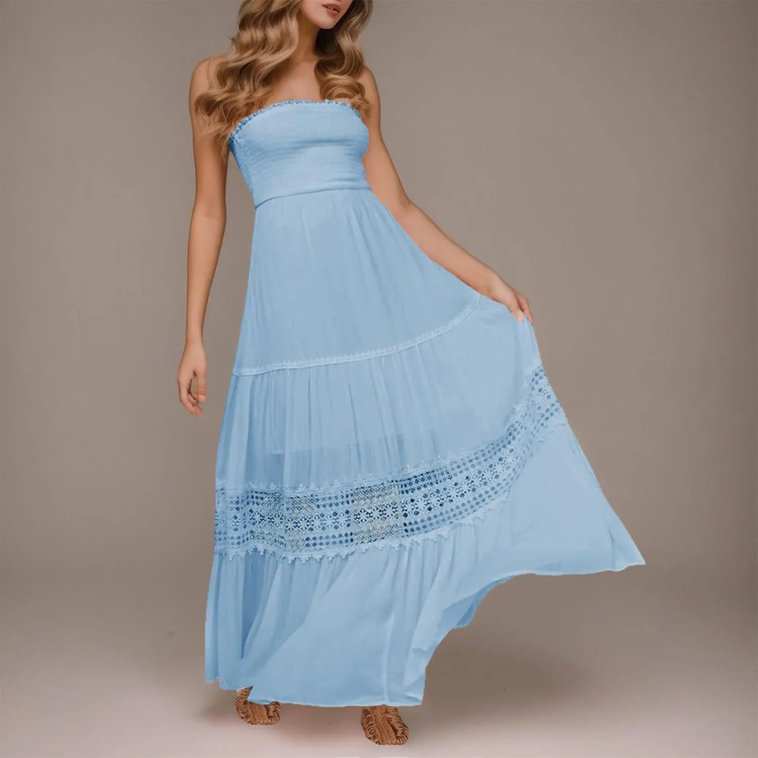 Sundresses For Women 2025 Vacation Sexy Women Summer Boho Strapless Maxi Dress Casual Sleeveless Off Shoulder Dresses