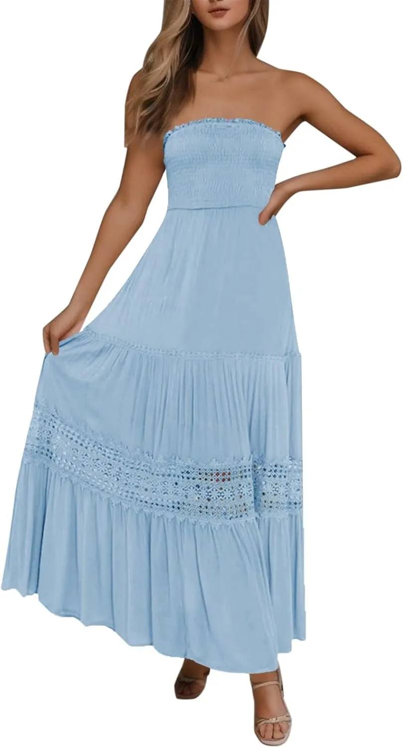 Sundresses For Women 2025 Vacation Sexy Women Summer Boho Strapless Maxi Dress Casual Sleeveless Off Shoulder Dresses