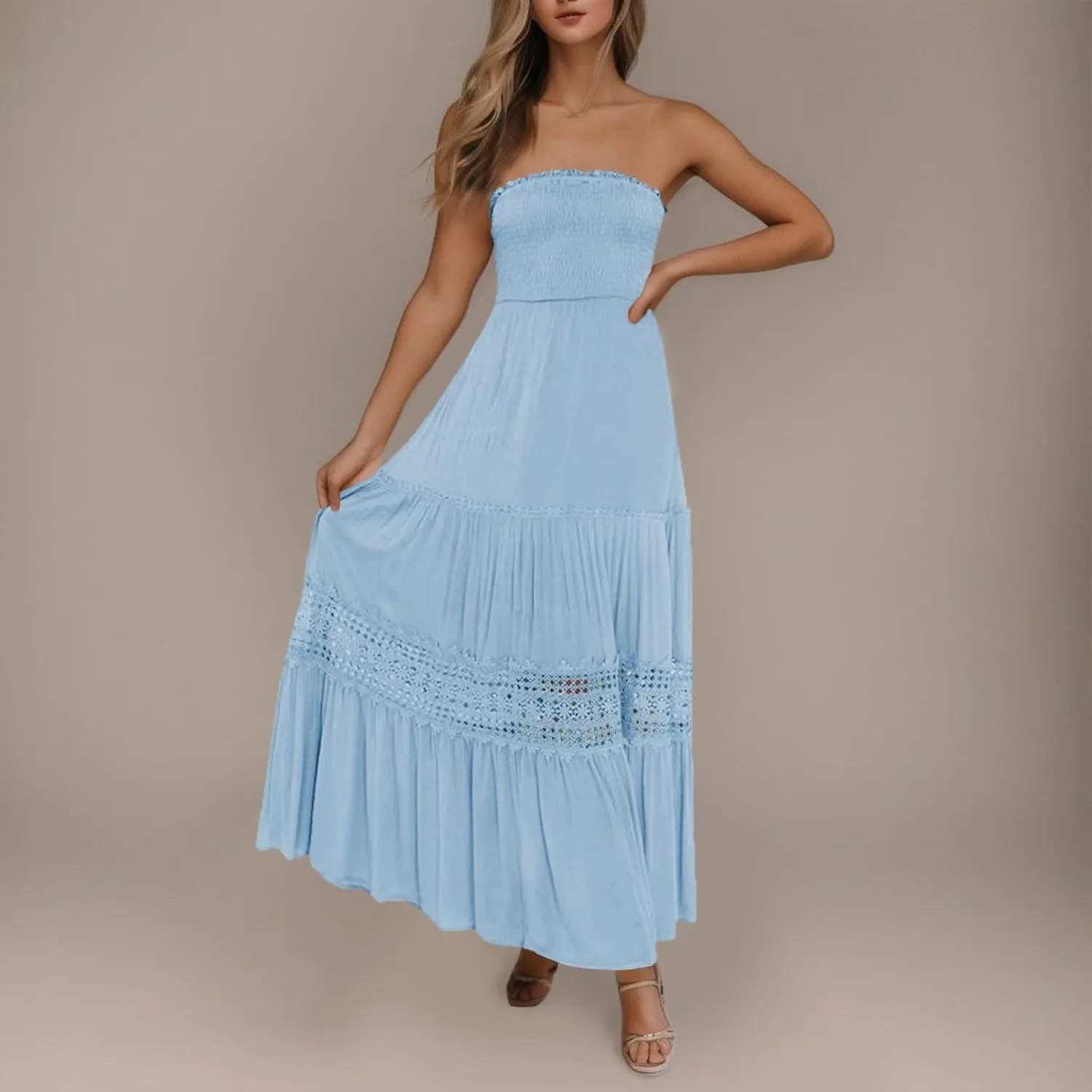 Sundresses For Women 2025 Vacation Sexy Women Summer Boho Strapless Maxi Dress Casual Sleeveless Off Shoulder Dresses