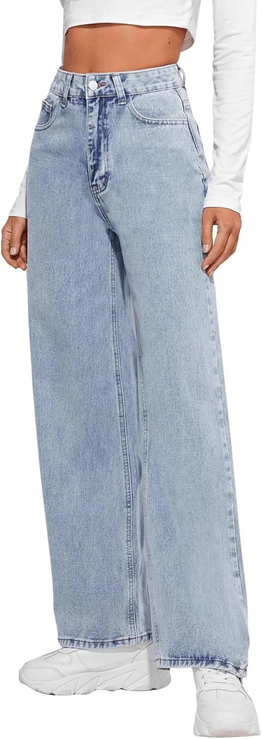 SweatyRocks Women's Casual Loose High Waist Solid Straight Wide Leg Jeans