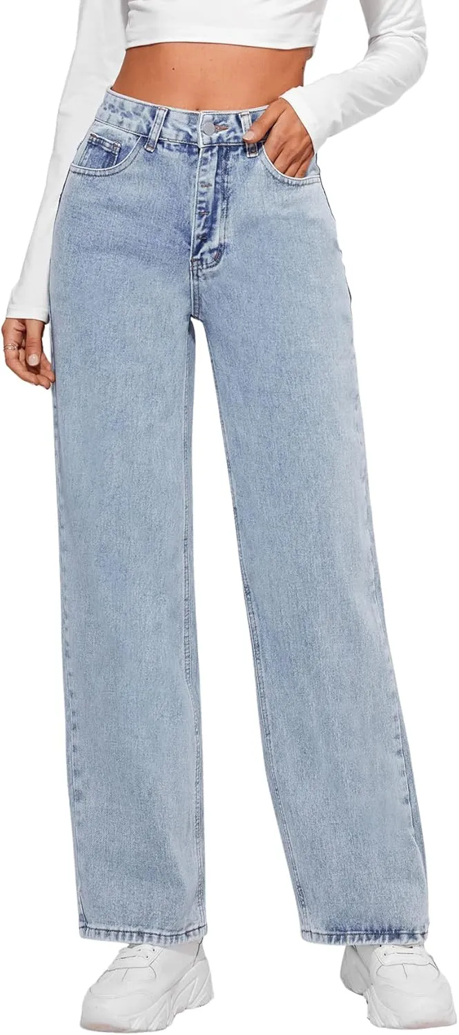 SweatyRocks Women's Casual Loose High Waist Solid Straight Wide Leg Jeans
