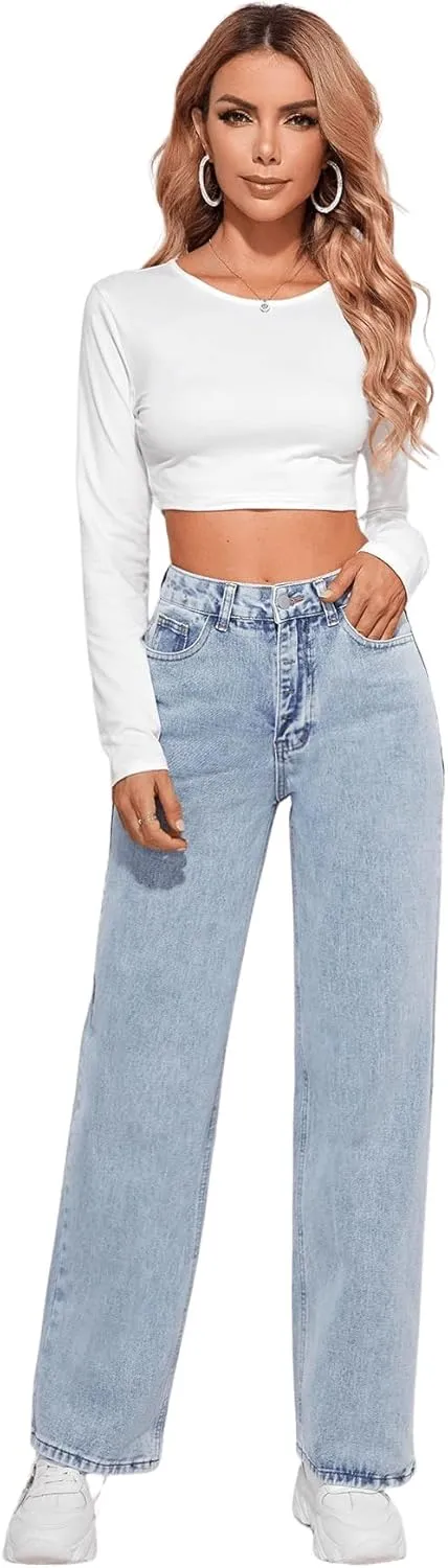SweatyRocks Women's Casual Loose High Waist Solid Straight Wide Leg Jeans