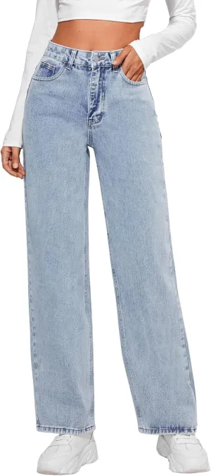 SweatyRocks Women's Casual Loose High Waist Solid Straight Wide Leg Jeans