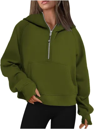TANGNADE Hooded Sweatshirts Women Half Zip Cropped Fleece Pullover Quarter Zipper Thumb Hole Hoodies with Pockets