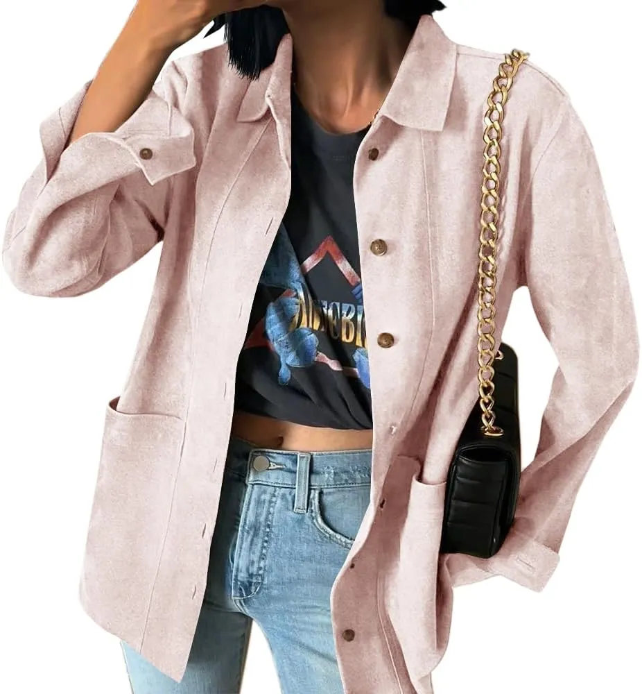 Tankaneo Womens Faux Suede Shirts Jackets Casual Button Down Long Sleeve Shackets Coat Trendy 2025 Spring Clothes