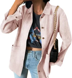 Tankaneo Womens Faux Suede Shirts Jackets Casual Button Down Long Sleeve Shackets Coat Trendy 2025 Spring Clothes