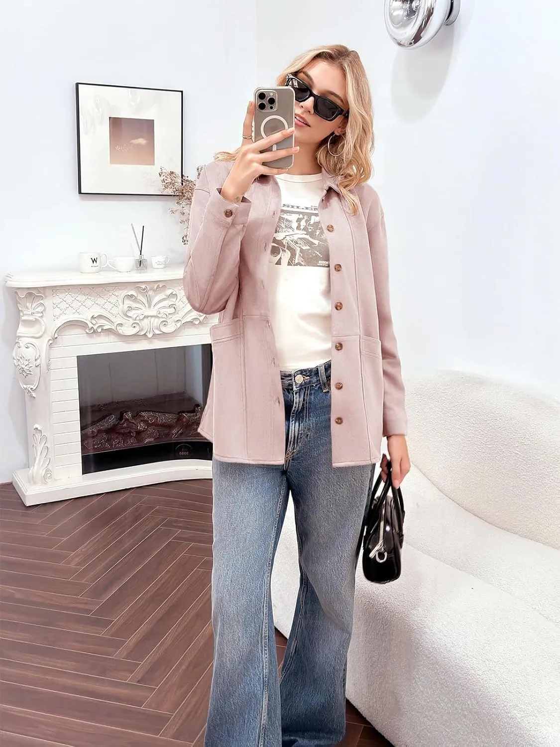 Tankaneo Womens Faux Suede Shirts Jackets Casual Button Down Long Sleeve Shackets Coat Trendy 2025 Spring Clothes