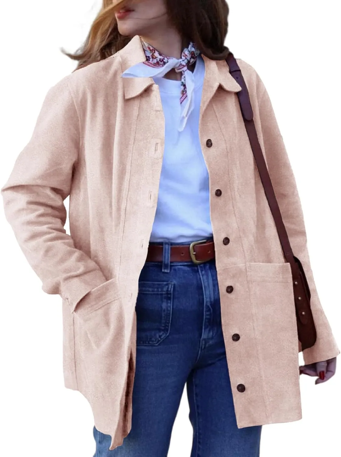 Tankaneo Womens Faux Suede Shirts Jackets Casual Button Down Long Sleeve Shackets Coat Trendy 2025 Spring Clothes