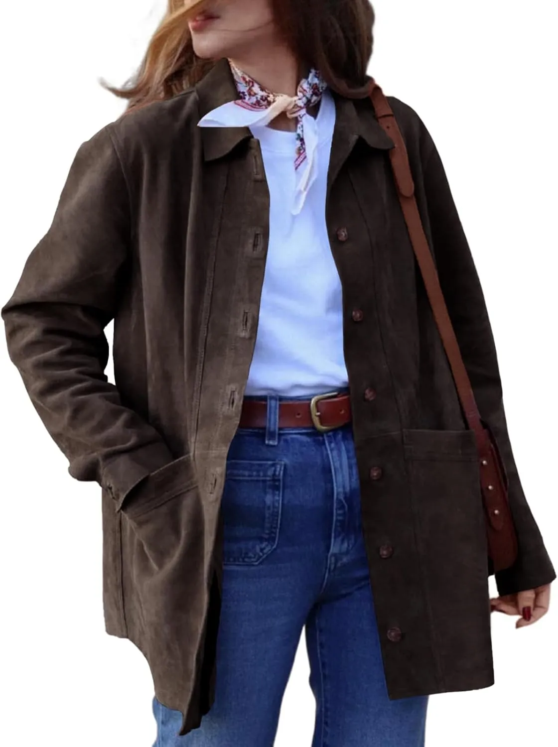 Tankaneo Womens Faux Suede Shirts Jackets Casual Button Down Long Sleeve Shackets Coat Trendy 2025 Spring Clothes