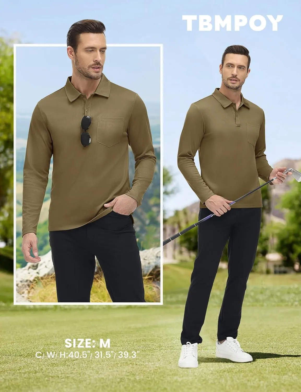 TBMPOY Men's Polo Shirts with Pocket Golf Long Sleeve Quick Dry Lightweight Collared Stylish Moisture Wicking Business Tennis