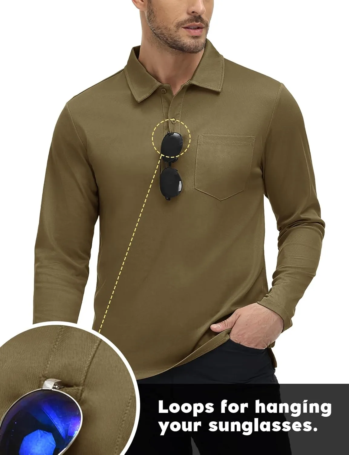 TBMPOY Men's Polo Shirts with Pocket Golf Long Sleeve Quick Dry Lightweight Collared Stylish Moisture Wicking Business Tennis