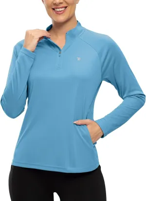 TBMPOY Women's Sun Protection Long Sleeve Women Quick Dry 1/4 Zip Pocket Shirts Hiking Workout Athletic Tops