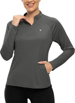 TBMPOY Women's Sun Protection Long Sleeve Women Quick Dry 1/4 Zip Pocket Shirts Hiking Workout Athletic Tops
