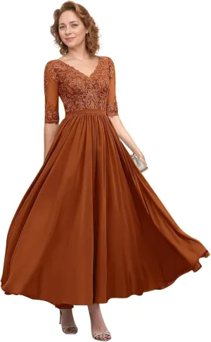 Tea Length Mother of The Bride Dresses for Women 2025 Chiffon A-line Lace Applique Half Sleeve Formal Dresses