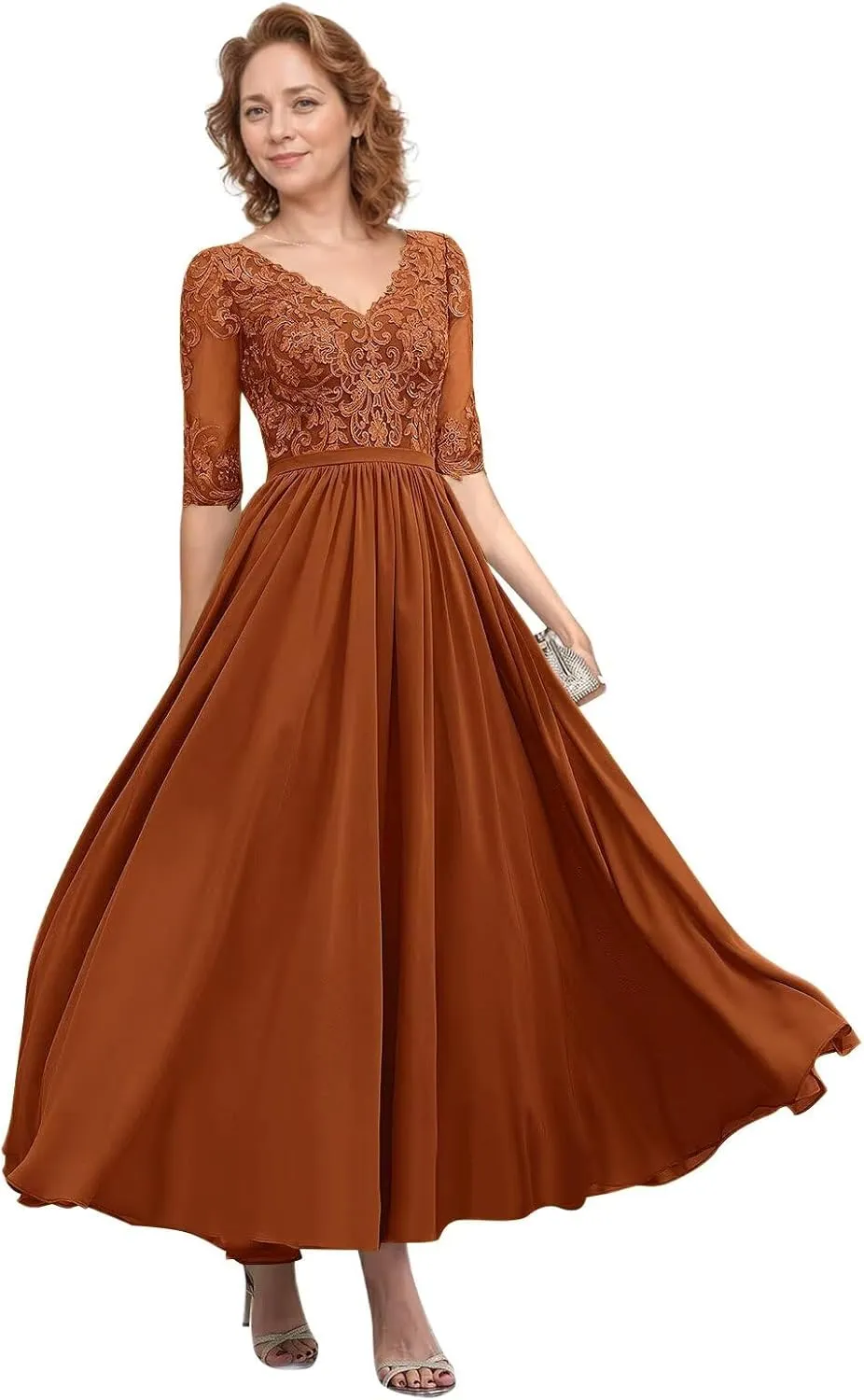 Tea Length Mother of The Bride Dresses for Women 2025 Chiffon A-line Lace Applique Half Sleeve Formal Dresses